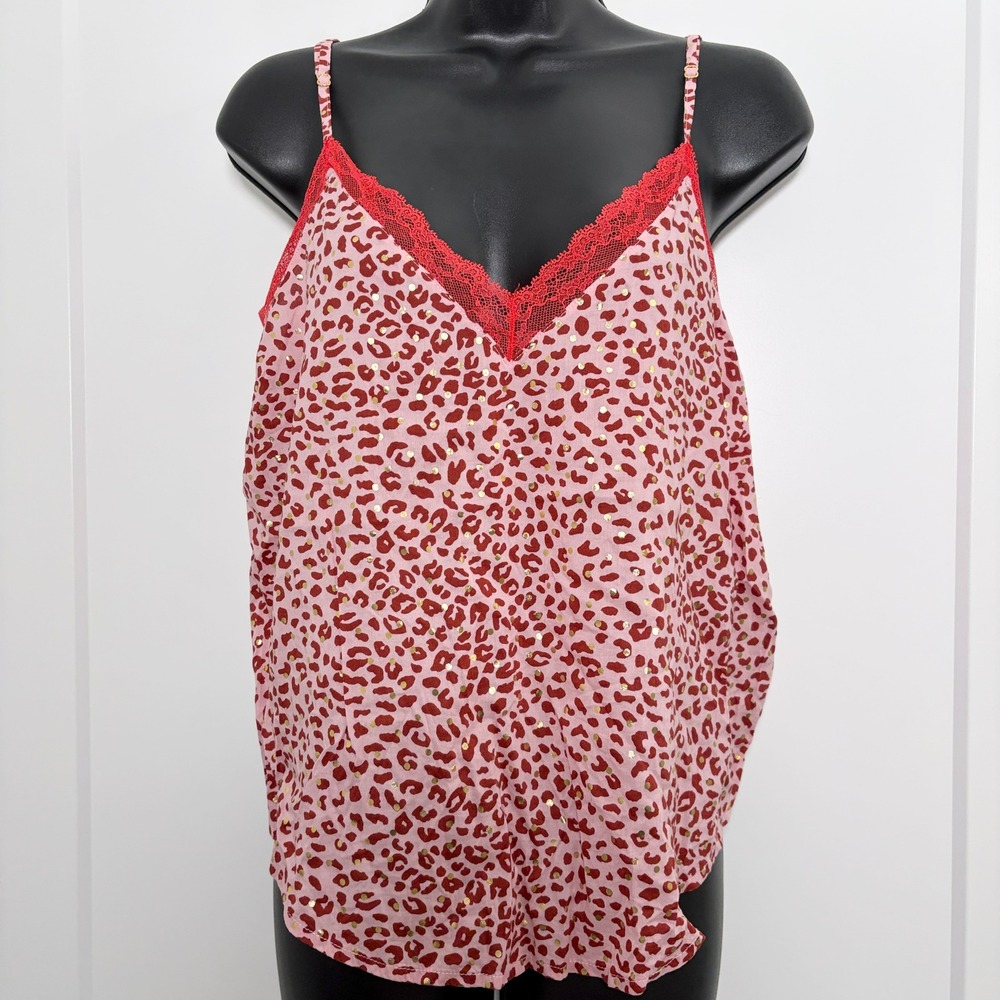 Victoria's Secret y2k Cami Leopard Print Lace Trim Large Pink Red